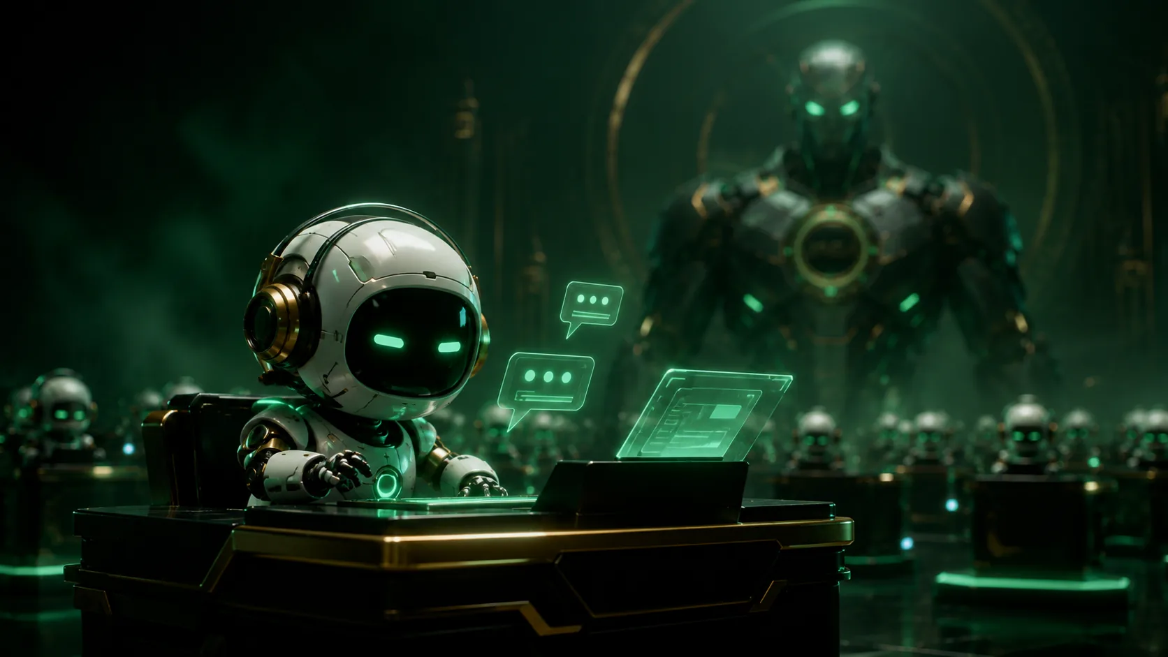 Satu agent CS kecil bekerja di pos tokonya — membalas chat di layar hologram — sementara Commander JAGA AI mengawasi dari belakang
